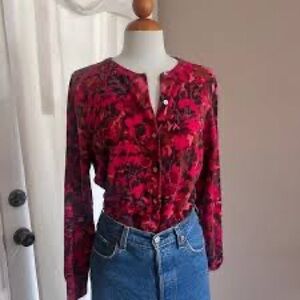 Lands’ End Cardigan Raspberry Pink Floral Supima Cotton Button Sweater Women’s M
